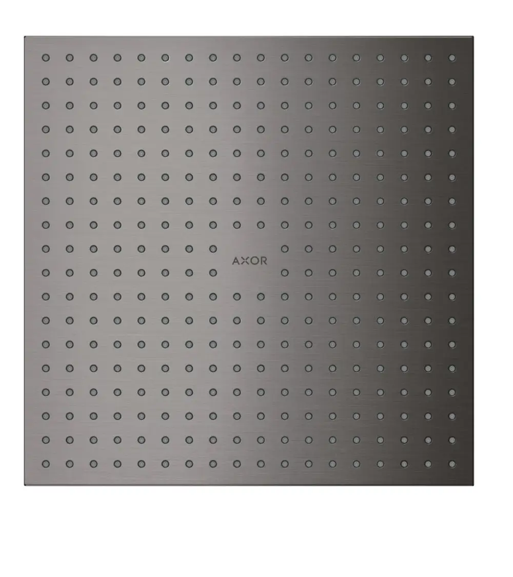 Kopfbrause mit quadratischer Fläche und vielen kleinen Düsen, in Brushed Black Chrome, mit dem AXOR-Logo in der Mitte.